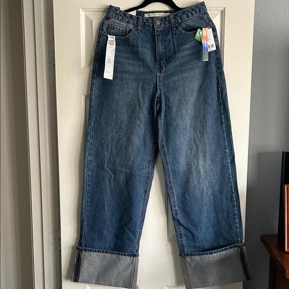 Wide Leg Cuffed Women’s Jeans - Blue